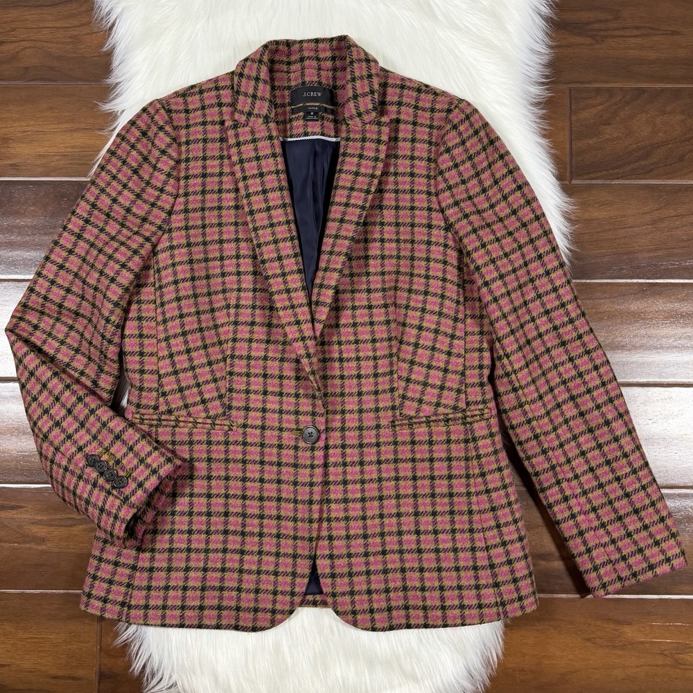 J. Crew Women's Size 8 Pink Blue Plaid Parke 100% Wool Blazer Jacket AQ235